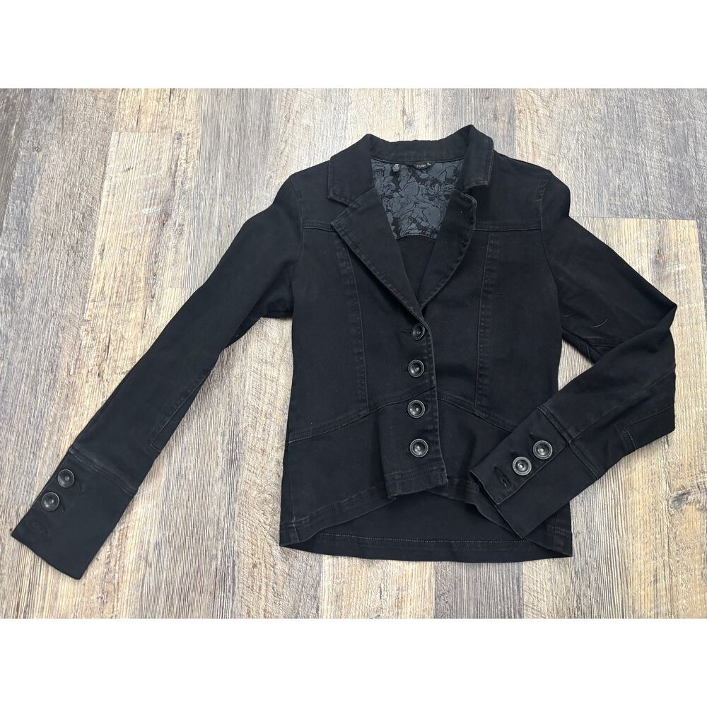 Hurley Womens Black Denim Blazer Jacket Button Front Floral Lining GDJBFFXC M